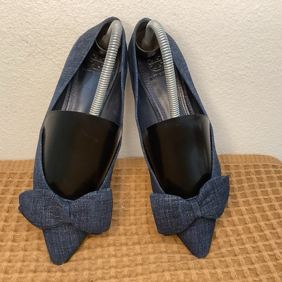 Tory Burch Sz 7 M Rosalinda Blue Suede Denim Pointed Flat with Bow Ballerinas - Picture 9 of 10